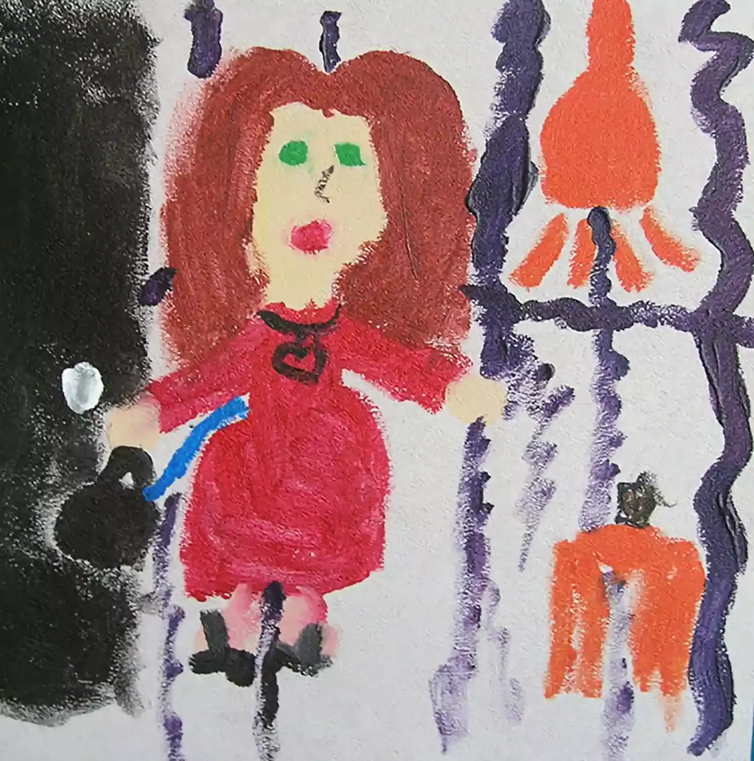 Maleri av en kvinne i rød kjole og langt brunt hår.