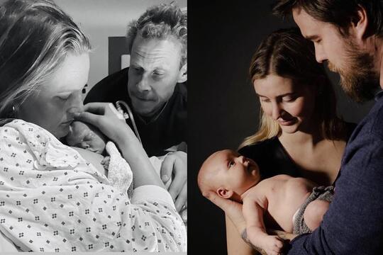 To bilder av to ulike foreldrepar med spedbarn