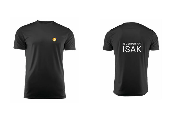 Løpetrøye svart m LUB-logo på brystet og "Jeg løper for Isak" på ryggen