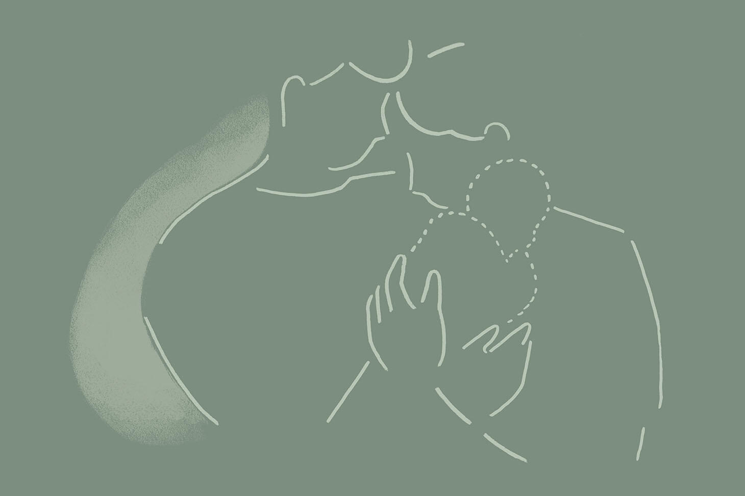 Illustrasjon av et foreldrepar som holder en baby som ikke lenger er der, merket med striplet strek.