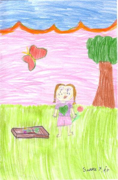 Tegning laget av Sanne 7 år, av en jente som gråter ved siden av en grav med blomster på.