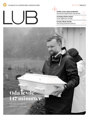 Forside LUB-magasinet 2.20. Bilde av far som bærer en barnekiste, ved teksten: Oda levde i 17 minutter