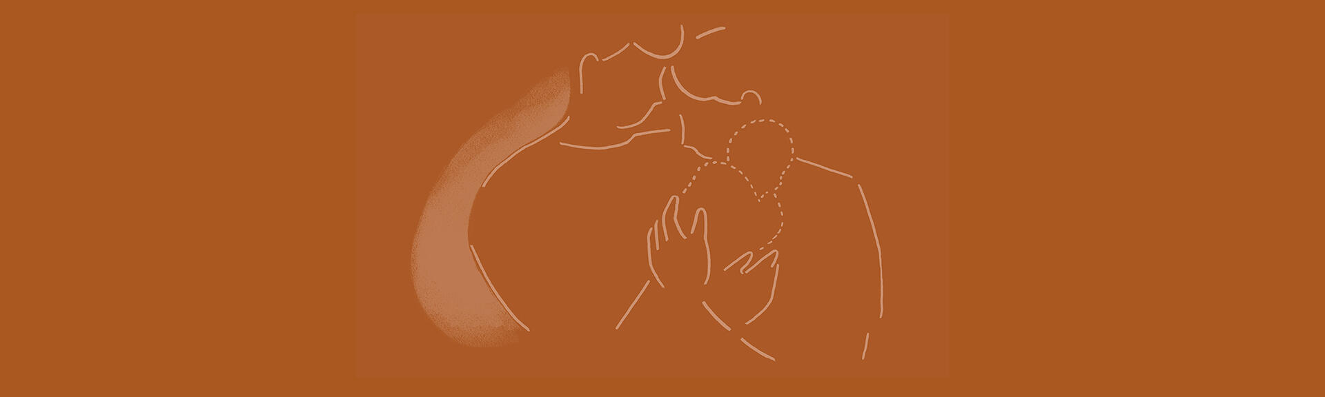 Tegnet illustrasjon av foreldrepar med spedbarn i armene - spedbarnet tegnet med striplet strek