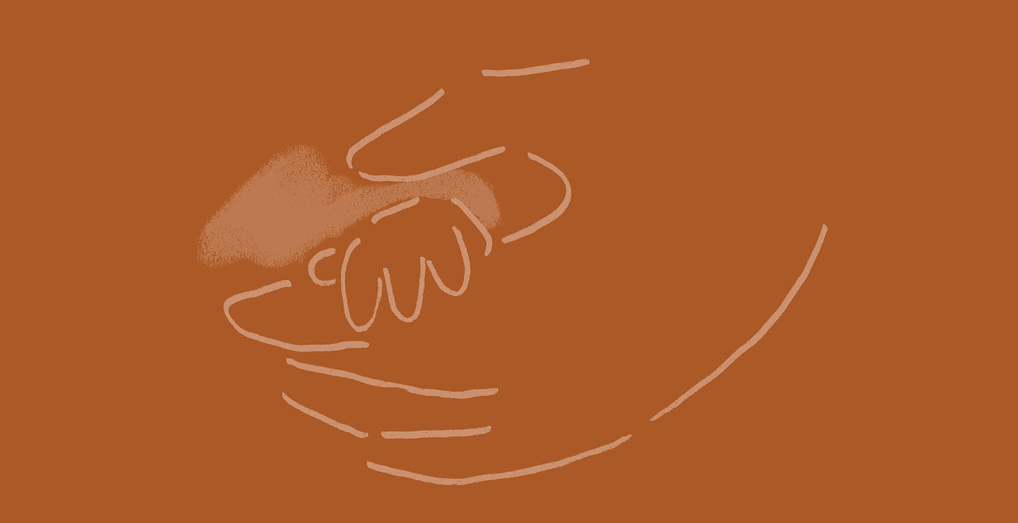 Tegnet illustrasjon - barnehånd holder voksenhånd