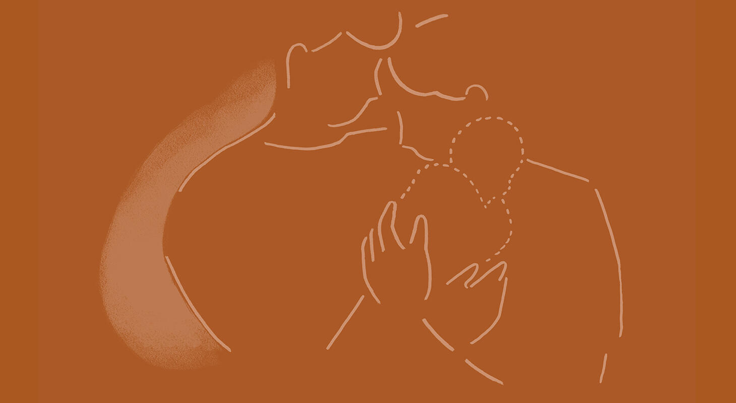 Tegnet illustrasjon av et foreldrepar med et spedbarn i armene - barnet tegnet med striplet strek