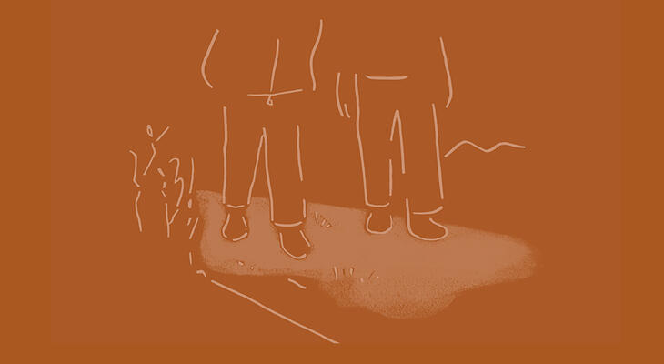 Tegnet illustrasjon av to som går sammen på en sti