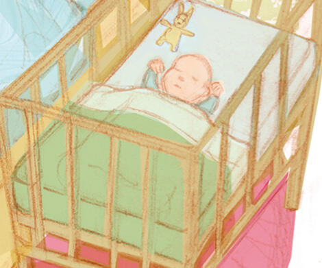 Baby som sover i seng - tegnet illustrasjon
