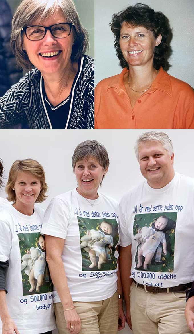 Collage 3 bilder, et portrett av Unni nå og ett fra starten av karrieren i LUB, og ett bilde av Unni flankert av Trine og Trond, alle med Denne siden opp-t-skjorter
