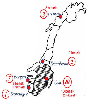 Norgeskart markert med antall besøk