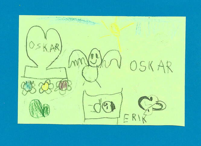 Barnetegning av Oskars gravsten og Oskar som en engel.
