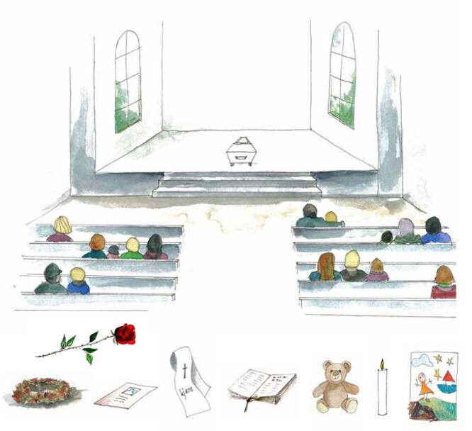 Tegnet illustrasjon av gravferdsseremoni med ulike gjenstander som er med