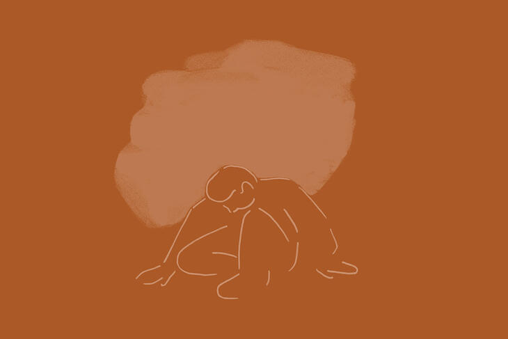 Tegnet illustrasjon av mann som sitter nedtynget av en mørk sky.